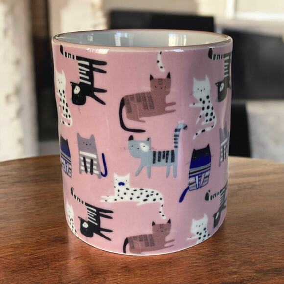 NEW Bella Pink Retro Style Black Stripes & Polka Dots Cat Cats 16oz Coffee Mug - Picture 3 of 3